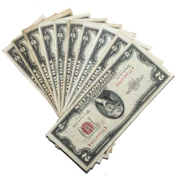 10 Various 1953 B &C $2 Red Seal US Notes.