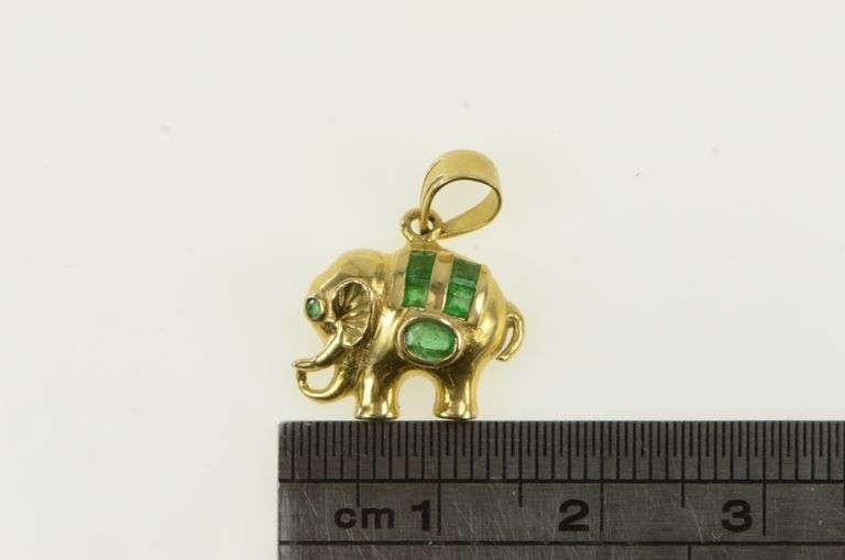 14K Yellow Gold Natural Emerald Elephant Strength Symbol Pendant
