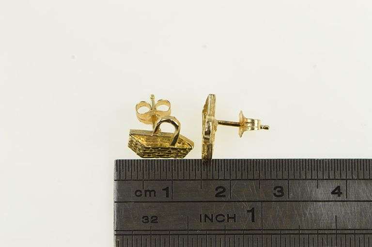 14K Yellow Gold 3D Longaberger Picnic Basket Vintage Stud Earrings
