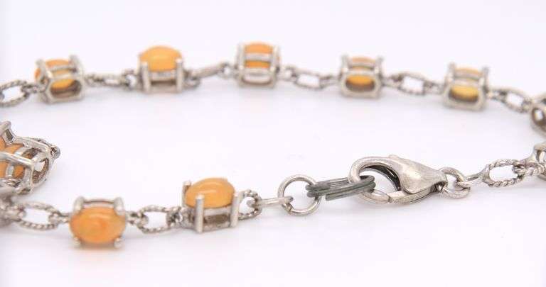 925 Sterling Silver Orange Cabochon Opal Link Bracelet