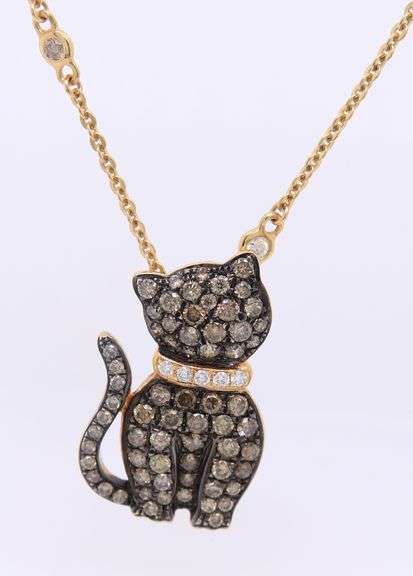 Gorgeous Yellow Gold Chocolate and White Diamond Cat Pendant on Diamond Station Necklace