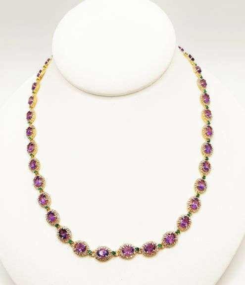 MUST SEE! FANCY AMETHYST, EMERALD, & DIAMOND NECKLACE