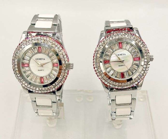 GROUP LOT OF 2x MATCHING CERAMIC & GEMSTONE WATCHES