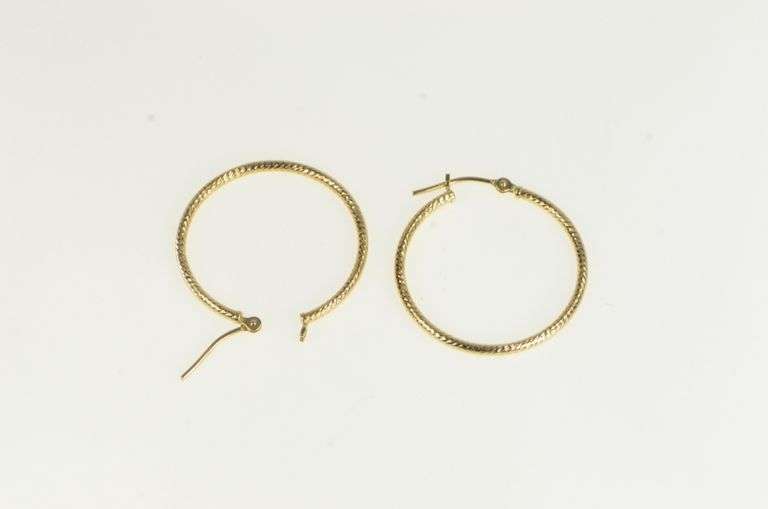 14K Yellow Gold Textured Design Vintage 25mm Statement Hoop Earrings