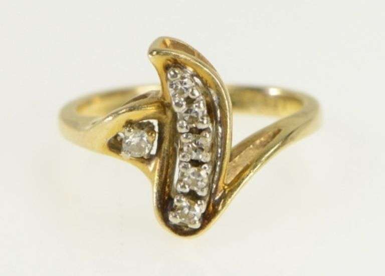 14K Yellow Gold Retro Diamond Wave Vintage Statement Ring