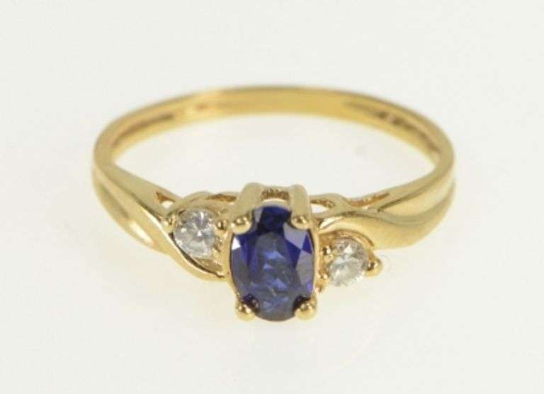10K Yellow Gold Oval Syn. Sapphire Cubic Zirconia Accent Ring