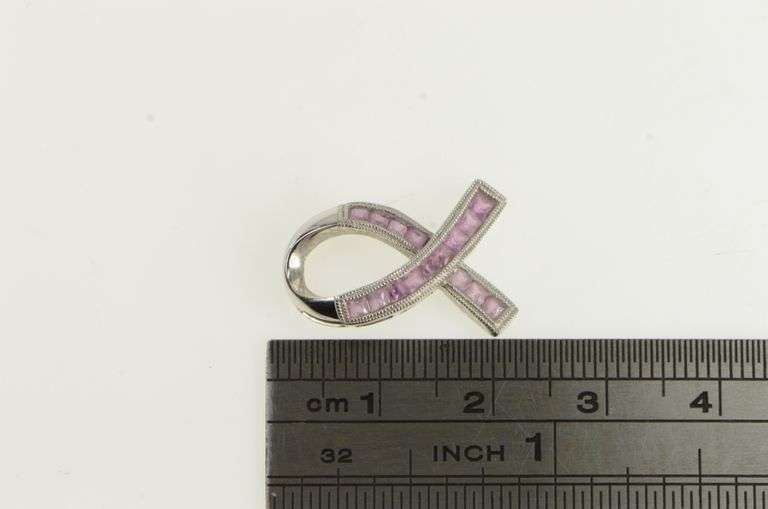 10K White Gold Princess Pink Topaz Ribbon Breast Cancer Charm/Pendant