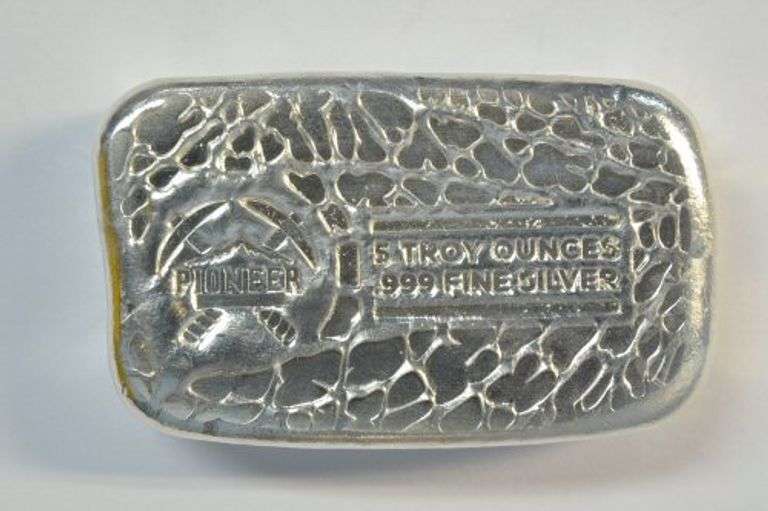Beautiful poured pure .999 fine silver 5 Troy Oz. Pioneer Bar