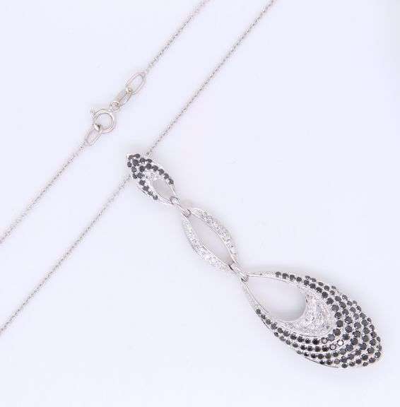 Set of White Gold Black and White Dangle Pave Diamond Pendant on Chain with Matching Earrings