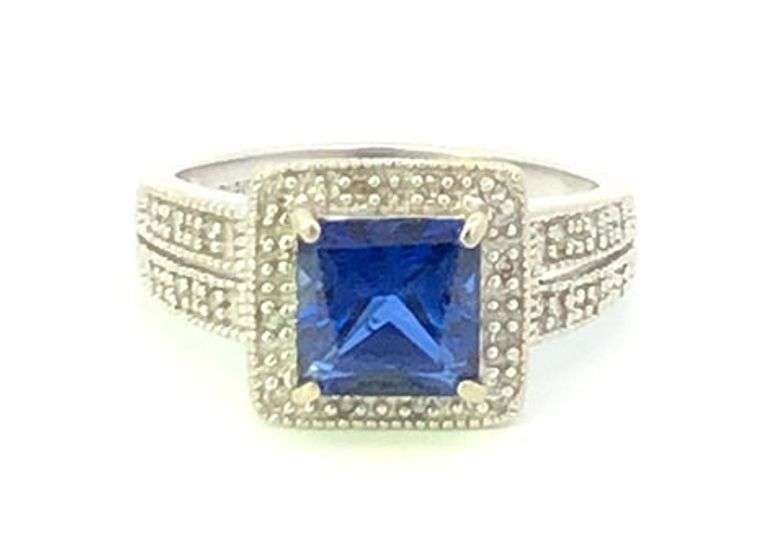 10K White Gold Princess Syn. Sapphire Diamond Halo Vintage Ring