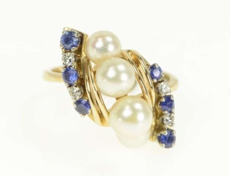 14K Yellow Gold Pearl Sapphire Diamond Vintage Cluster Bypass Ring