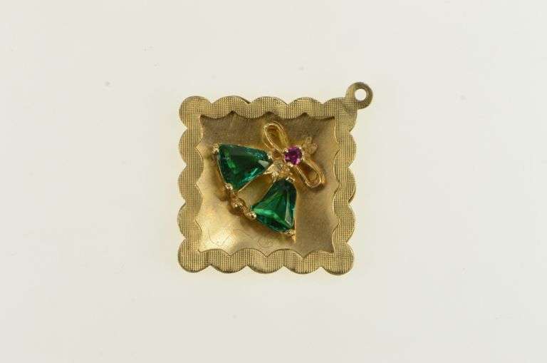 14K Yellow Gold 1960's Syn. Emerald Wedding Bell Square Charm/Pendant