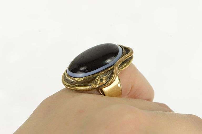 14K Yellow Gold Black Onyx Cabochon Sim. Emerald Snake Ring