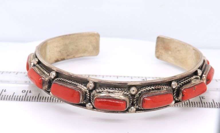 Vintage 925 Sterling Silver Coral Cuff Bangle