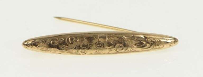 10K Yellow Gold Victorian Floral Scroll Engraved Domed Bar Pin/Brooch