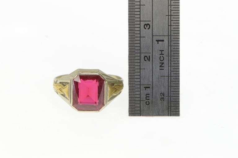 14K White Gold 1930's Syn. Ruby Ornate Men's Statement Ring