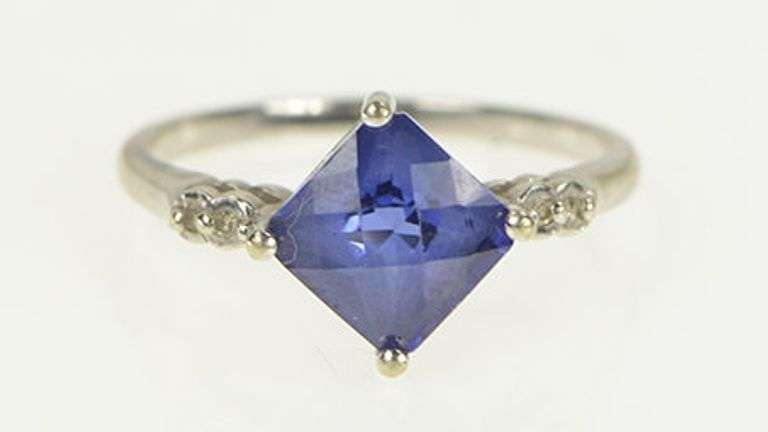 10K White Gold Cushion Syn. Sapphire Diamond Vintage Ring