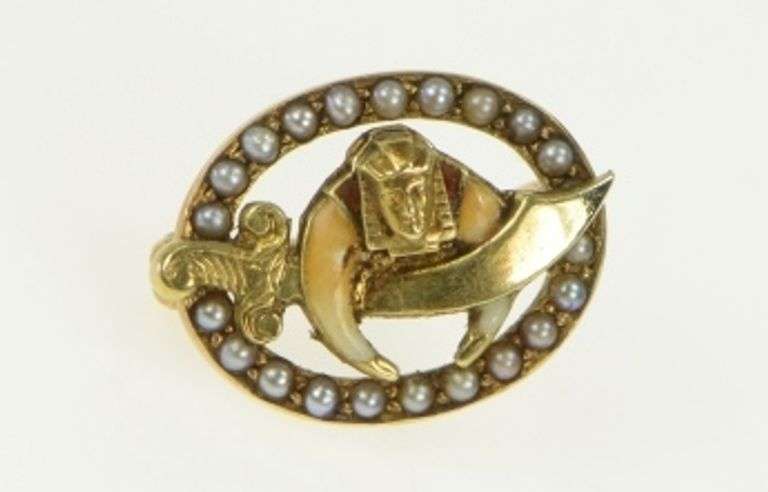 14K Yellow Gold Shriners Seed Pearl Oval Ornate Lapel Pin/Brooch