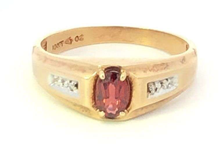 10K Yellow Gold Oval Garnet Diamond Accent Men's Statement Ring
