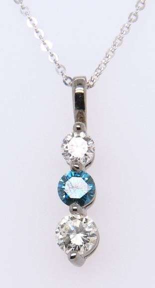 Charming White Gold White & IR Teal Diamond Pendant on Chain