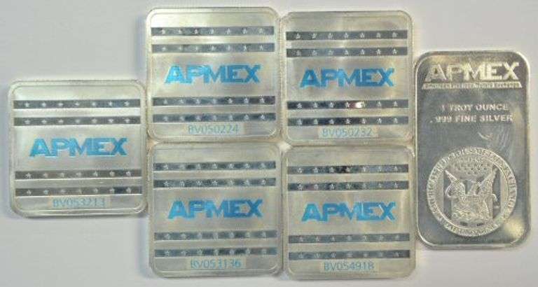 Six (6) assorted interesting Apmex 1 Troy Oz Silver Bars