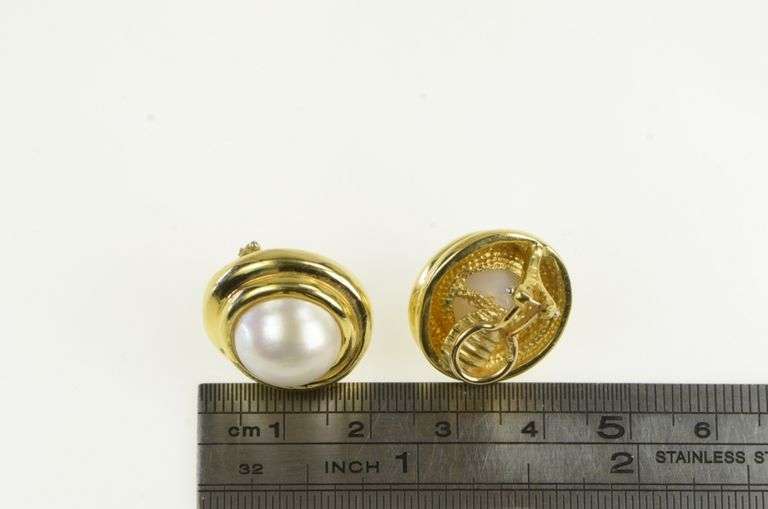 18K Yellow Gold 12.2mm Mabe Pearl Retro French Clip Earrings