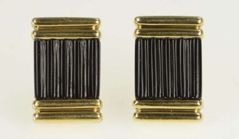 14K Yellow Gold Black Onyx Carved Squared French Clip Earrings