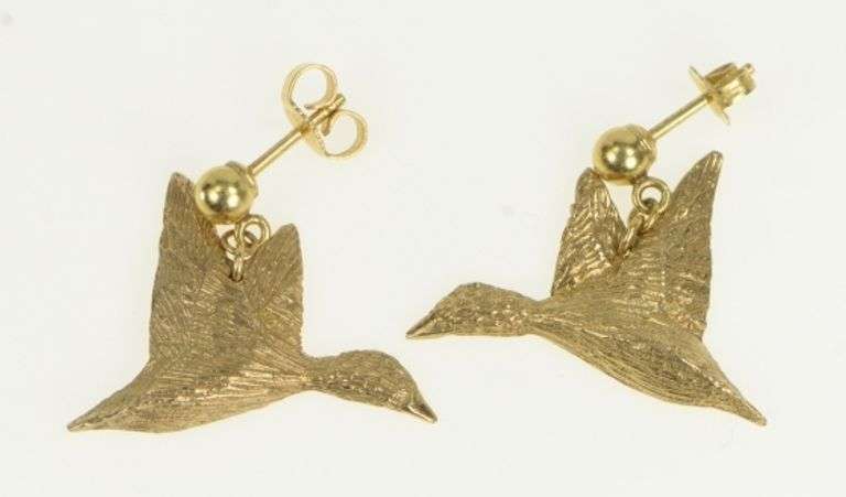 14K Yellow Gold Ornate Artisanal Duck Goose Dangle Vintage Earrings