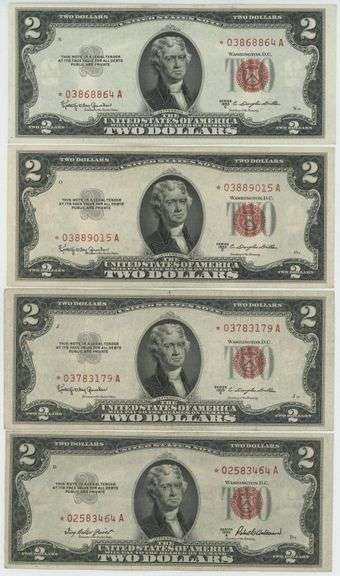 4 Series of 1953 $2 Red Seal STAR notes in AU & CU
