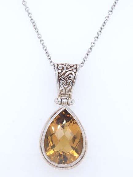 Vintage 925 Sterling Silver Pear Shaped Citrine Pendant on Chain