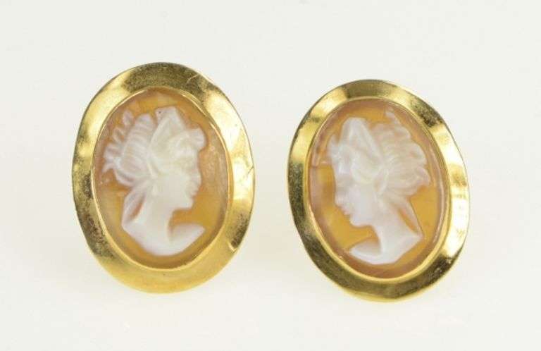 18K Yellow Gold Vintage Ornate Carved Shell Cameo Statement Earrings