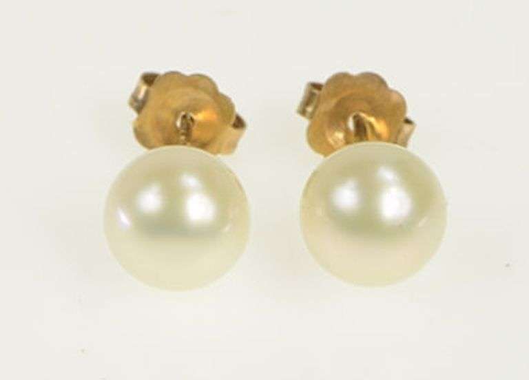 10K Yellow Gold 6.8mm Pearl Vintage Classic Simple Stud Earrings