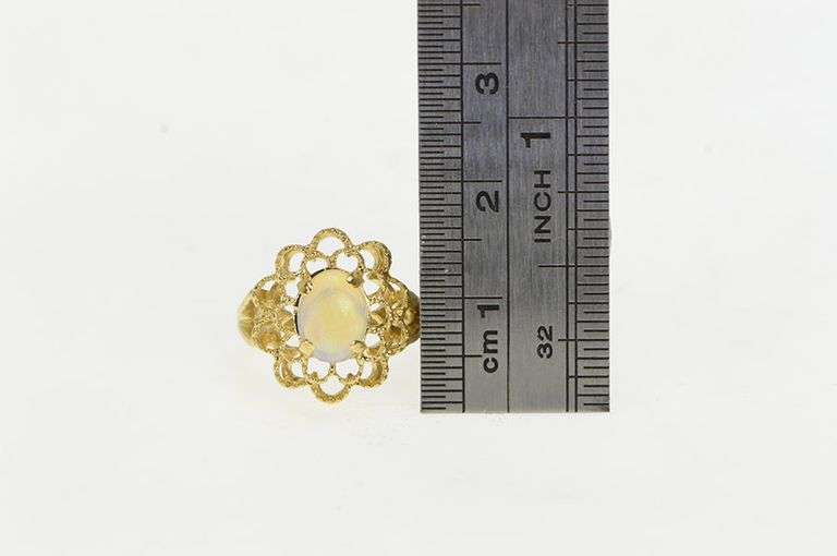 14K Yellow Gold Opal Cabochon Petal Floral Halo Cocktail Ring