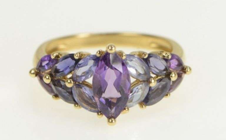 14K Yellow Gold Marquise Amethyst Tanzanite Iolite Statement Ring