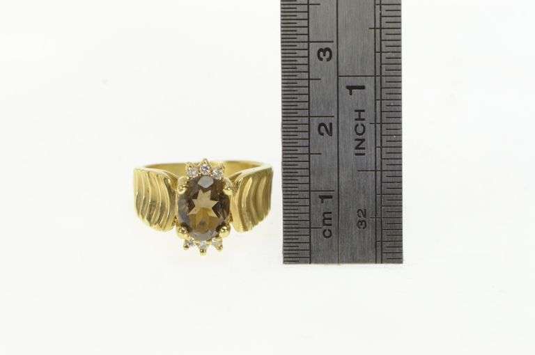 14K Yellow Gold Smoky Quartz Diamond Curved Grooved Ring