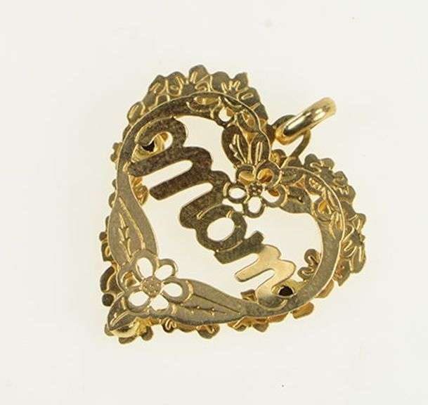 14K Yellow Gold Mom Heart Filigree Mother's Day Love Pendant