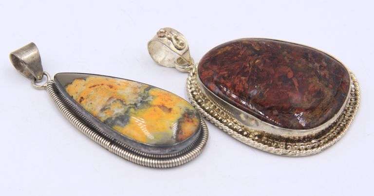 Lot of 2 Vintage 925 Sterling Silver Jasper Pendants