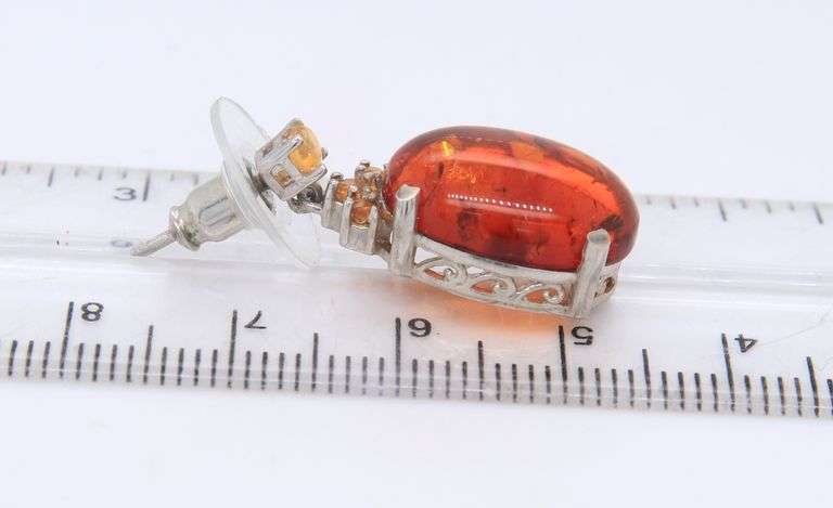 925 Sterling Silver Signed Amber Dangle Earrings