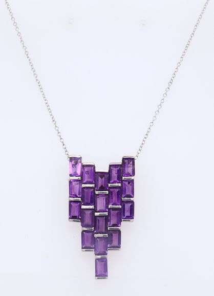 Vintage 925 Sterling Silver Emerald Cut Amethyst Pendant on Chain