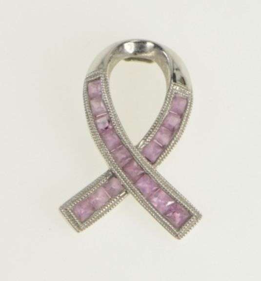 10K White Gold Princess Pink Topaz Ribbon Breast Cancer Charm/Pendant