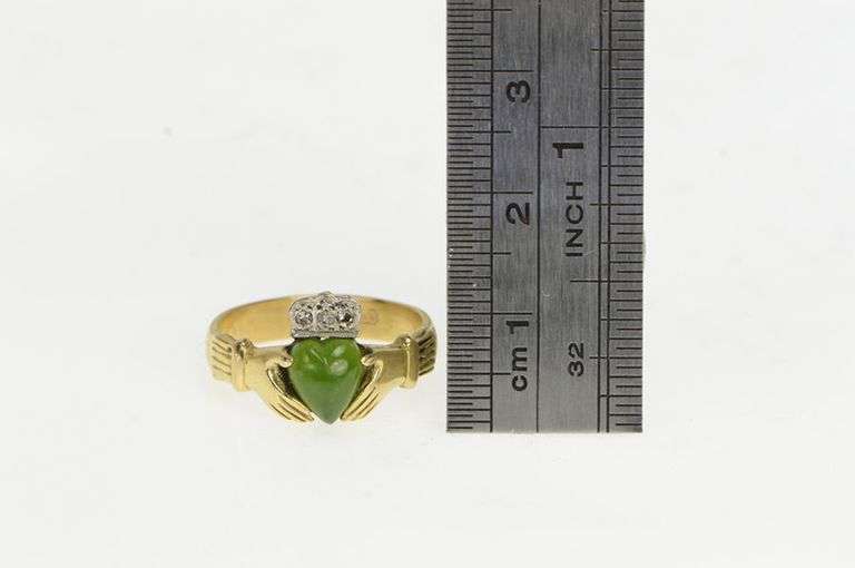 14K Yellow Gold Jade Diamond Claddagh Celtic Loyalty Ring