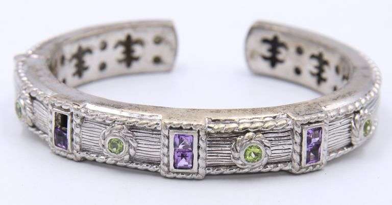 Vintage 925 Sterling Silver Amethyst and Peridot Cugg Bangle