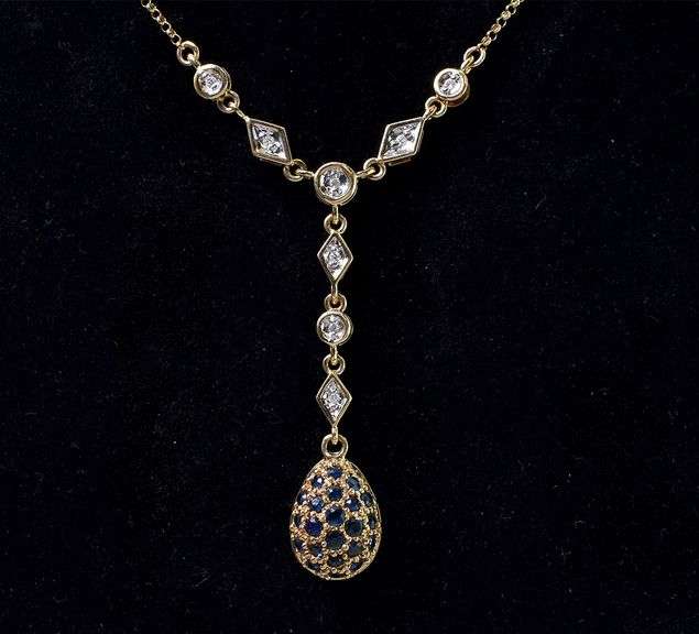 Luminescent Blue Sapphire and Diamond Necklace In 14K Yellow Gold