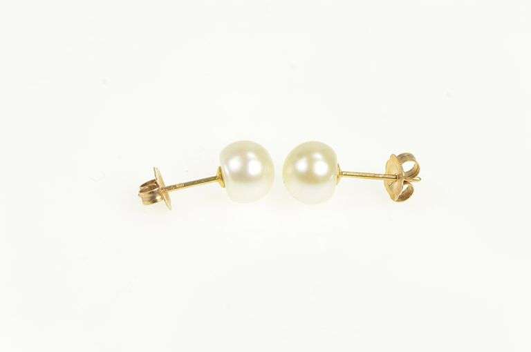 10K Yellow Gold 6.8mm Pearl Vintage Classic Simple Stud Earrings