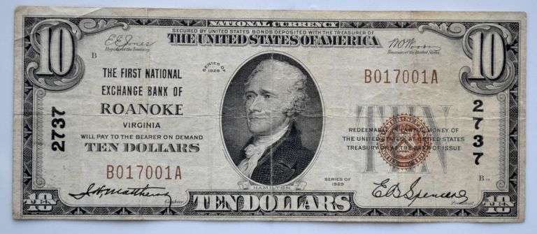 $10 1929 Series Brown Seal Roanoke Va National Currency Note