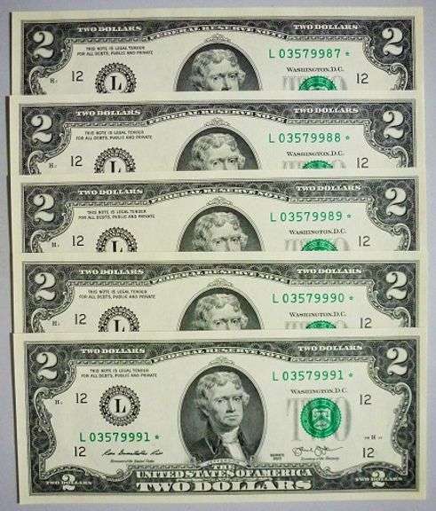 (5) Superb Crisp 2013 $2 Star Replacement Notes San Francisco-Consecutive!