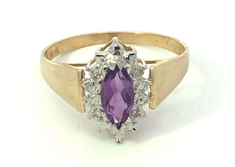 10K Yellow Gold Marquise Amethyst Diamond Accent Vintage Ring