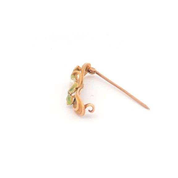 14K Yellow Gold Art Nouveau Pearl Natural Acorn Oak Enamel Pin/Brooch