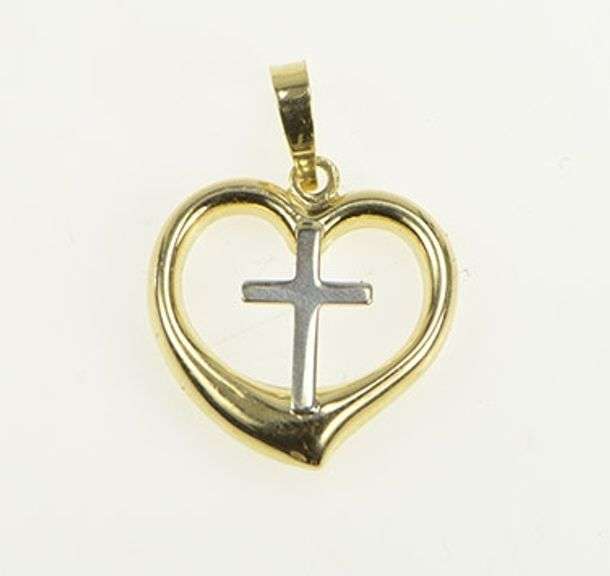 10K Yellow Gold Two Tone Heart Cross Christian Faith Love Pendant