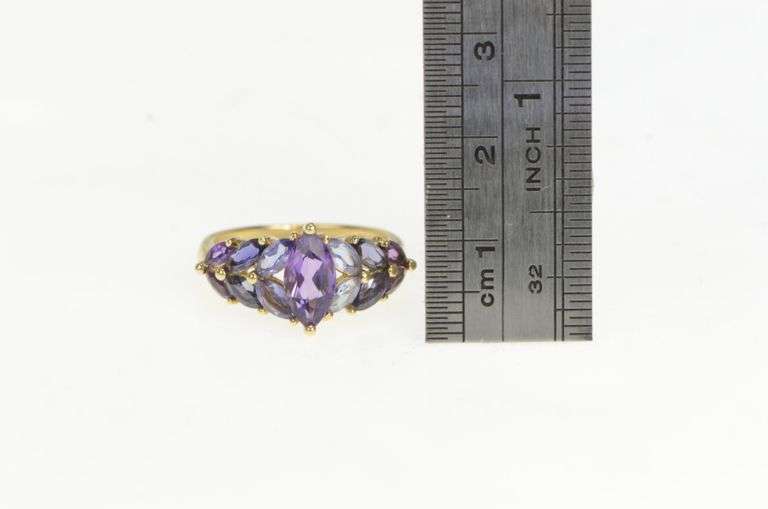 14K Yellow Gold Marquise Amethyst Tanzanite Iolite Statement Ring
